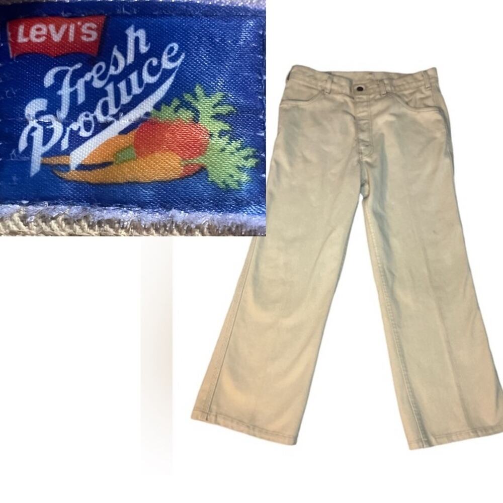 Vtg 70s Levis Fresh Produce Wide Straight Leg Tan White Tab Cropped Jeans 32x26